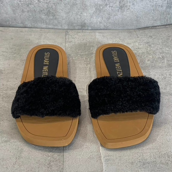 Stuart Weitzman Women's Black Cammy Faux-Fur Slide-On Flat Sandals SZ 6.5 - Picture 3 of 9